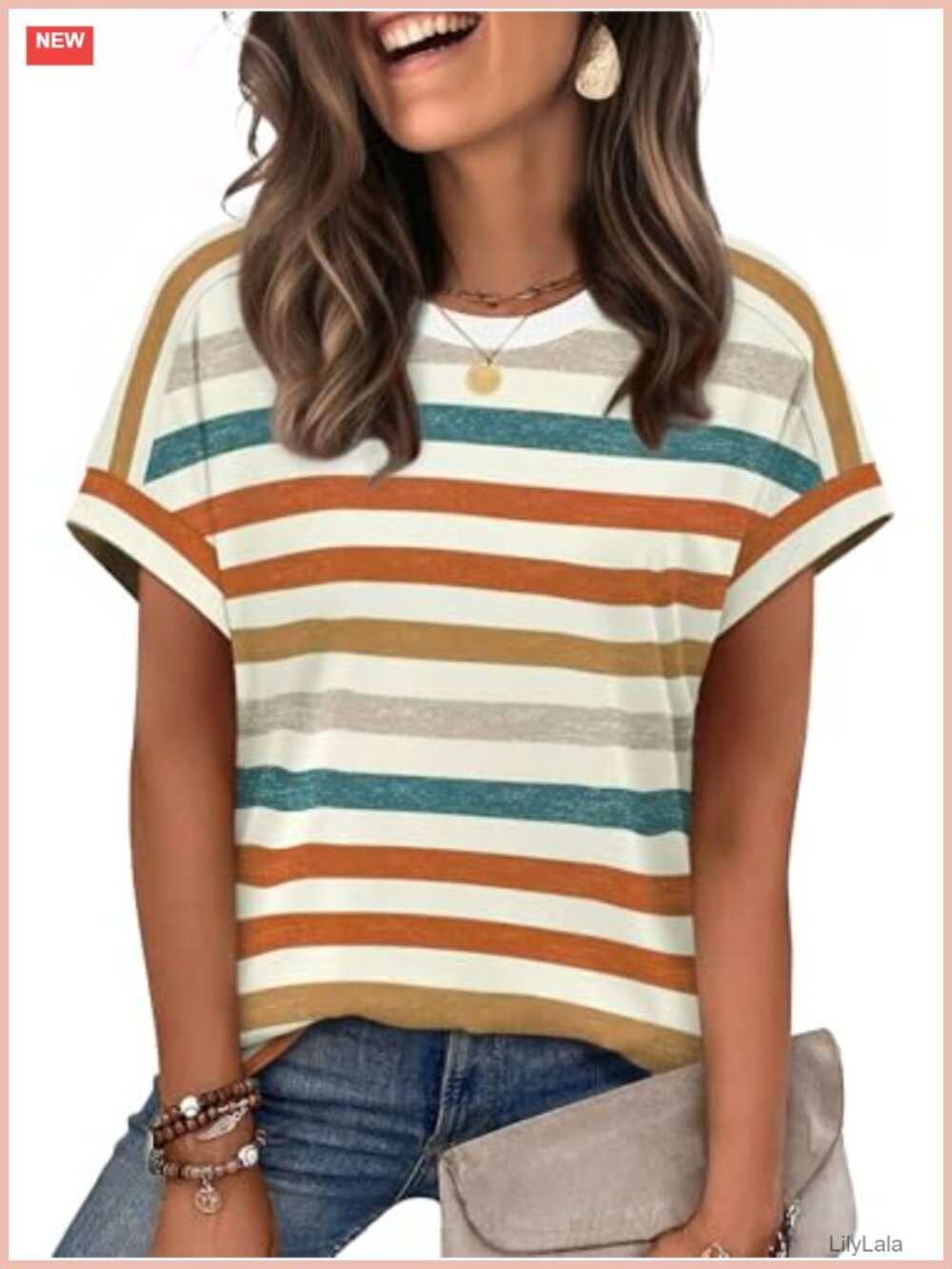 Womens Short Sleeve Crewneck T-Shirt Striped Casual Summer Top